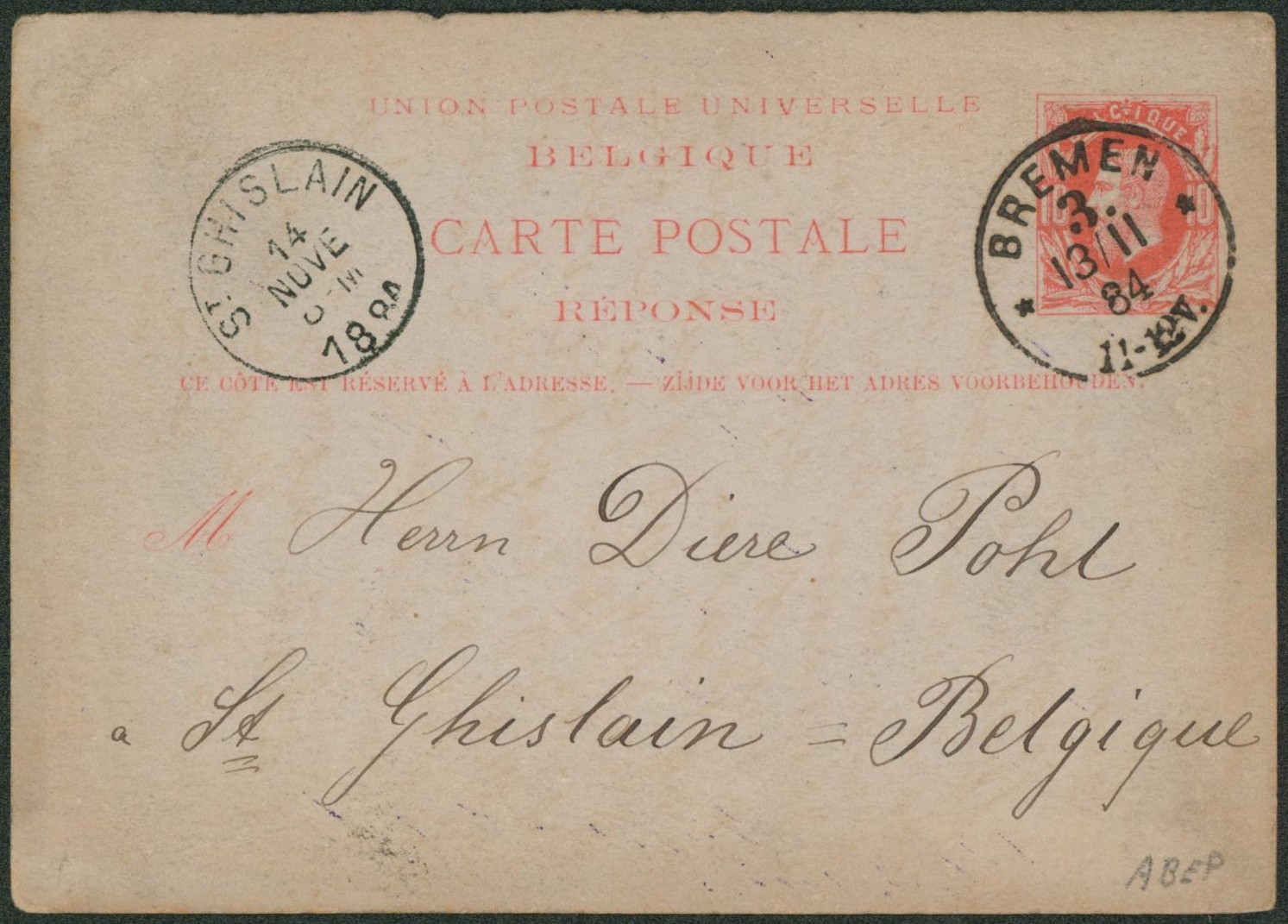 Ep (réponse) au type 10ctm rouge expédié de Bremen > St-Ghislain