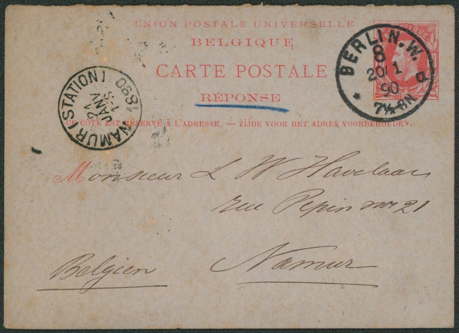 Ep (réponse) au type 10ctm rouge expédié de Berlin (Allemagne) > Namur