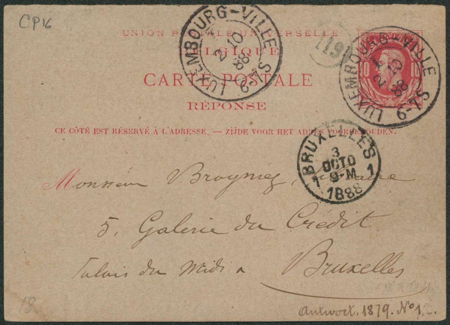 Ep (réponse) au type 10ctm rouge expédié de Luxembourg-Ville > Bruxelles