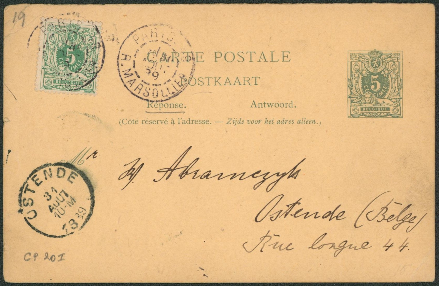 EP au type 5ctm vert + n°45 (partie réponse) de Paris / R. Marsollier > Ostende.