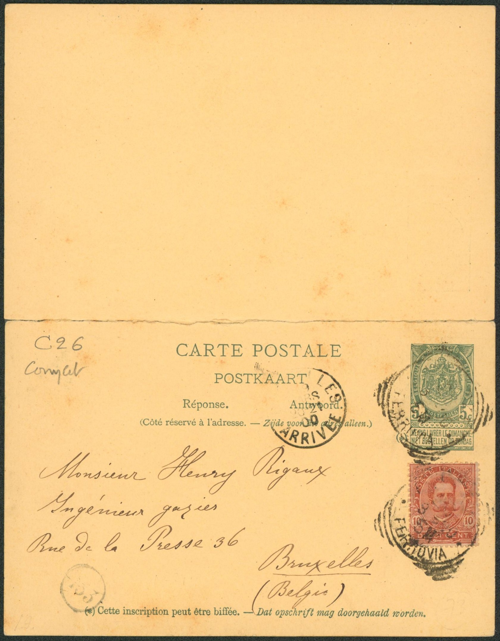 EP (double) au type 5ctm vert + n°56 de Bruxelles > Florences (Italie) + réponse avec complément de Florence > Bruxelles. TB !