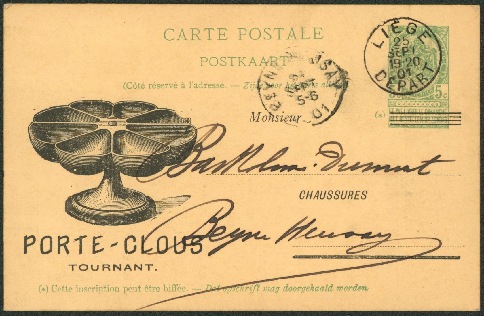 Ep au type 5ctm vert expédié de Liège + repiquage "Porte-Clous" > Beyne-Heusy