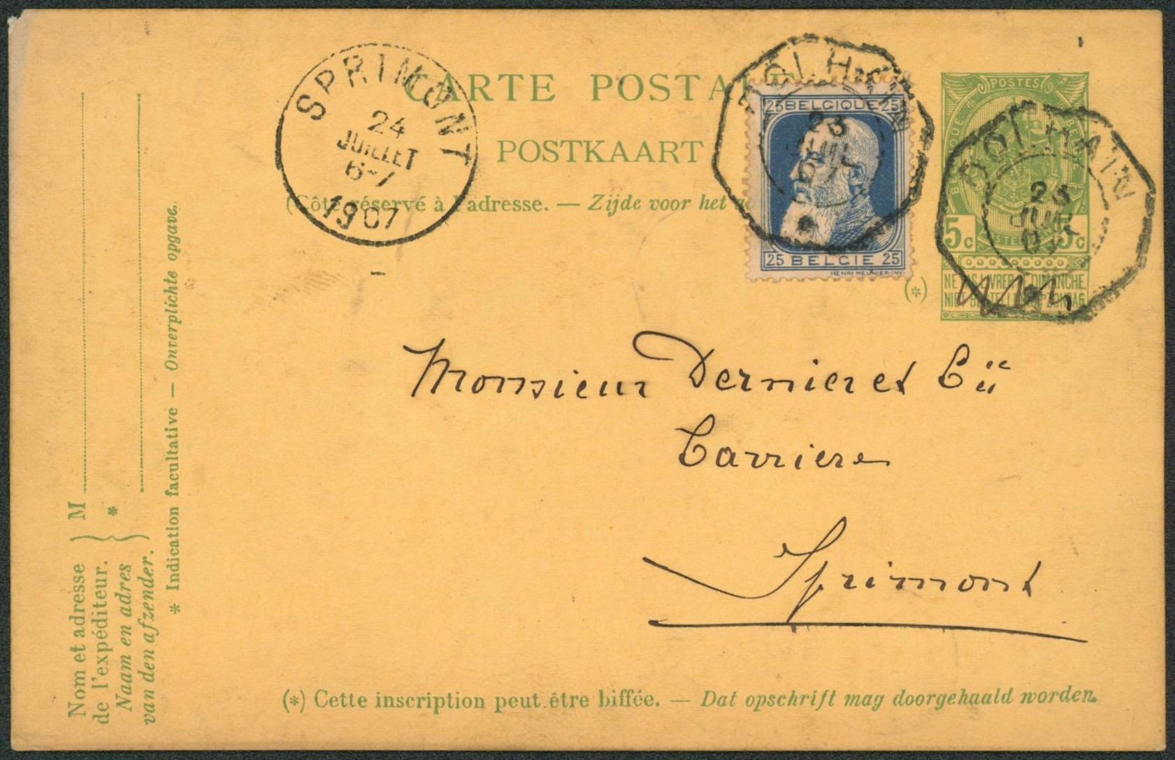 EP au type 5ctm vert + n°76 en expres obl télégraphique "Dolhain" > Sprimont