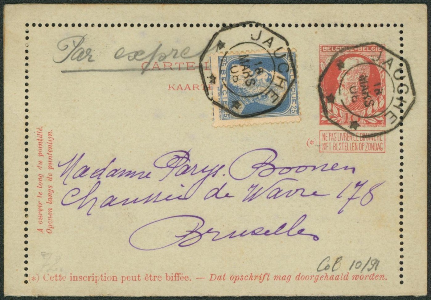 Ep au type CL 10ctm rouge grosse barbe + n°76 en expres obl télégraphique "Jauche" > Bruxelles. Luxe !