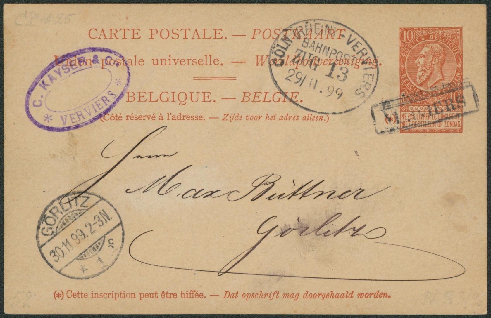 EP au type 10ctm orange annulé par griffe encadrée VERVIERS + cachet ambulant "Coln (Rhein) - Verviers" > Görlitz (Allemagne)