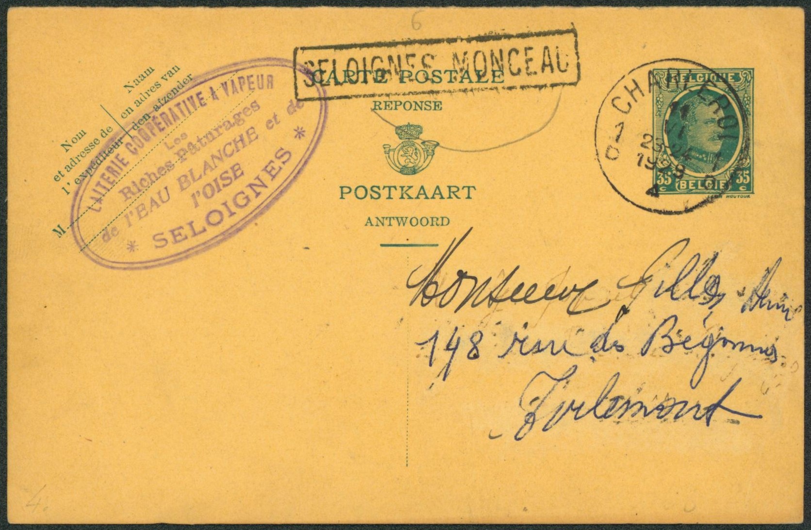 EP au type 35ctm vert Houyoux expédié de Charleroi + griffe à l'origine SELOIGNES-MONCEAU > Tirlemont