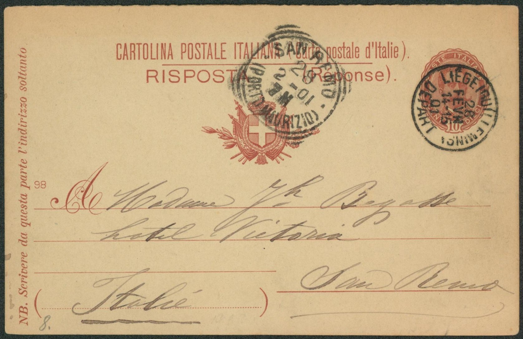 Italie - EP au type 10C (partie réponse) obl S.C. "Liège (guillemins)" > San remo. Texte, TB