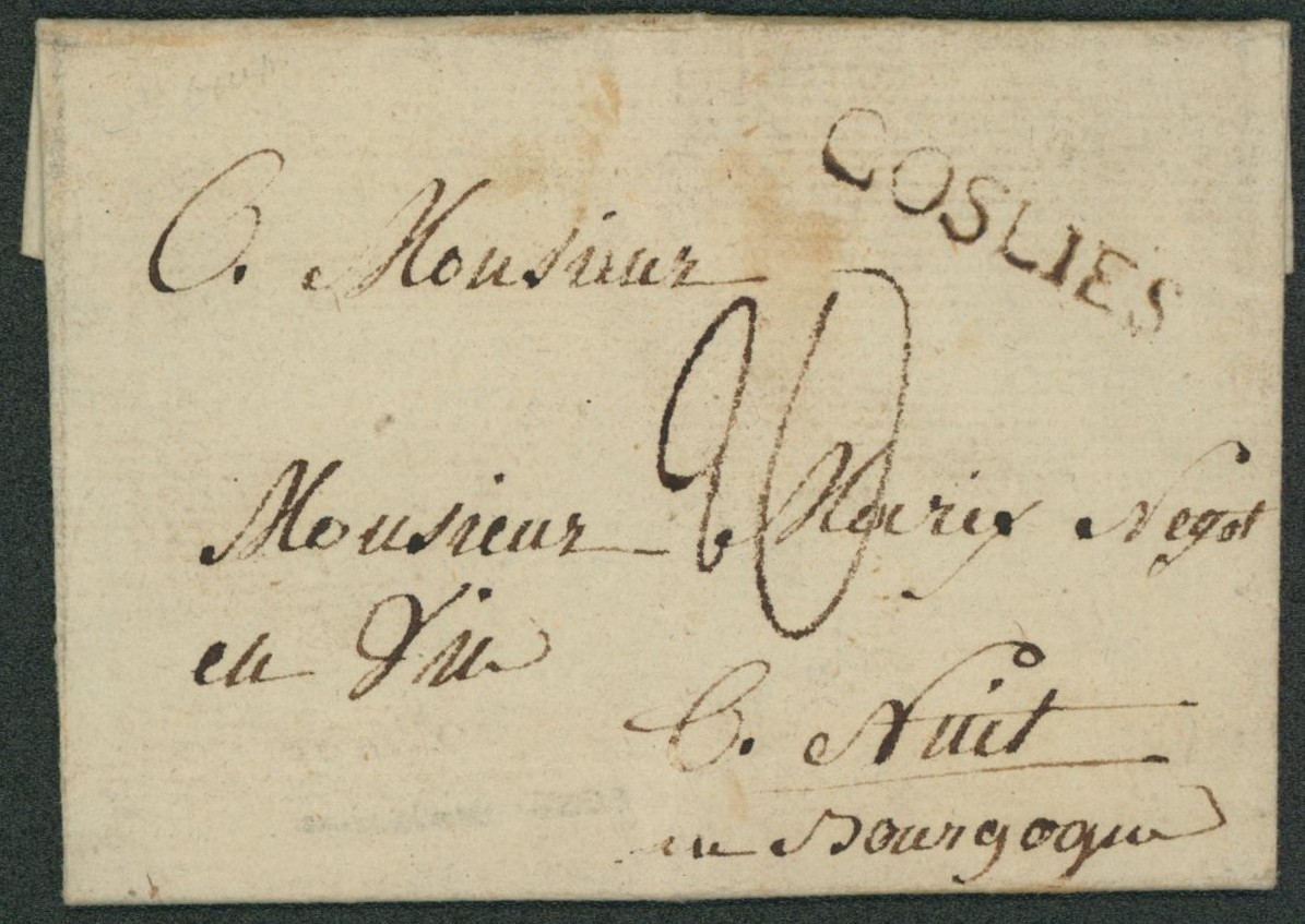 LAC non daté (Origine Wayaux) + obl linéaire GOSLIES, port "20" > Négociant en vins en Bourgogne (France).