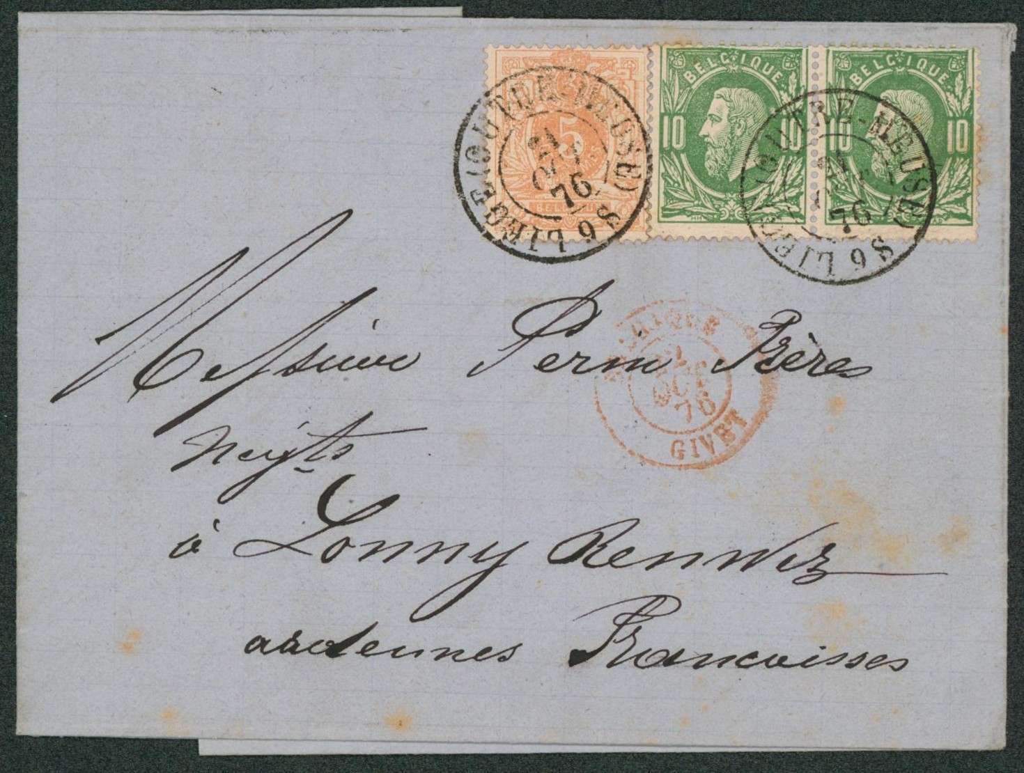 n°28 et 30 x2 sur LAC (charbon) obl double cercle "Liège (Outre-meuse)" > Renwez (France) + Passage "France / Namur"