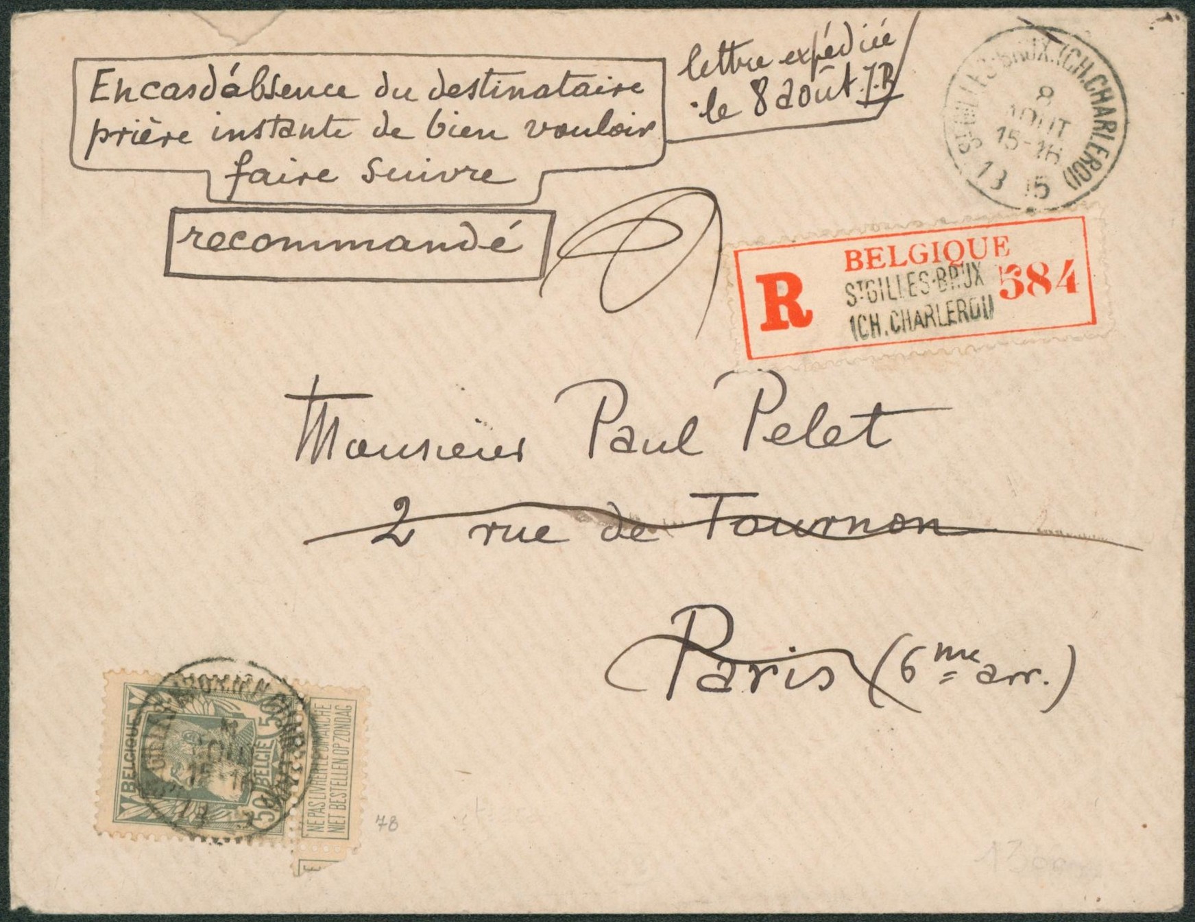 n°78 sur lettre en recommandé + manuscrit ! De St-Gilles (Brux) > Paris suiv Hotel du Plomet (Hte Savoie)