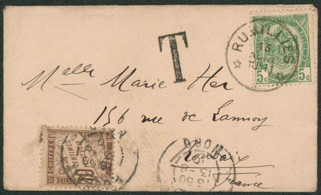 n°56 SBD sur petite enveloppe format CDV obl relais "Rumilies" > Roubaix, taxé à 10ctm !