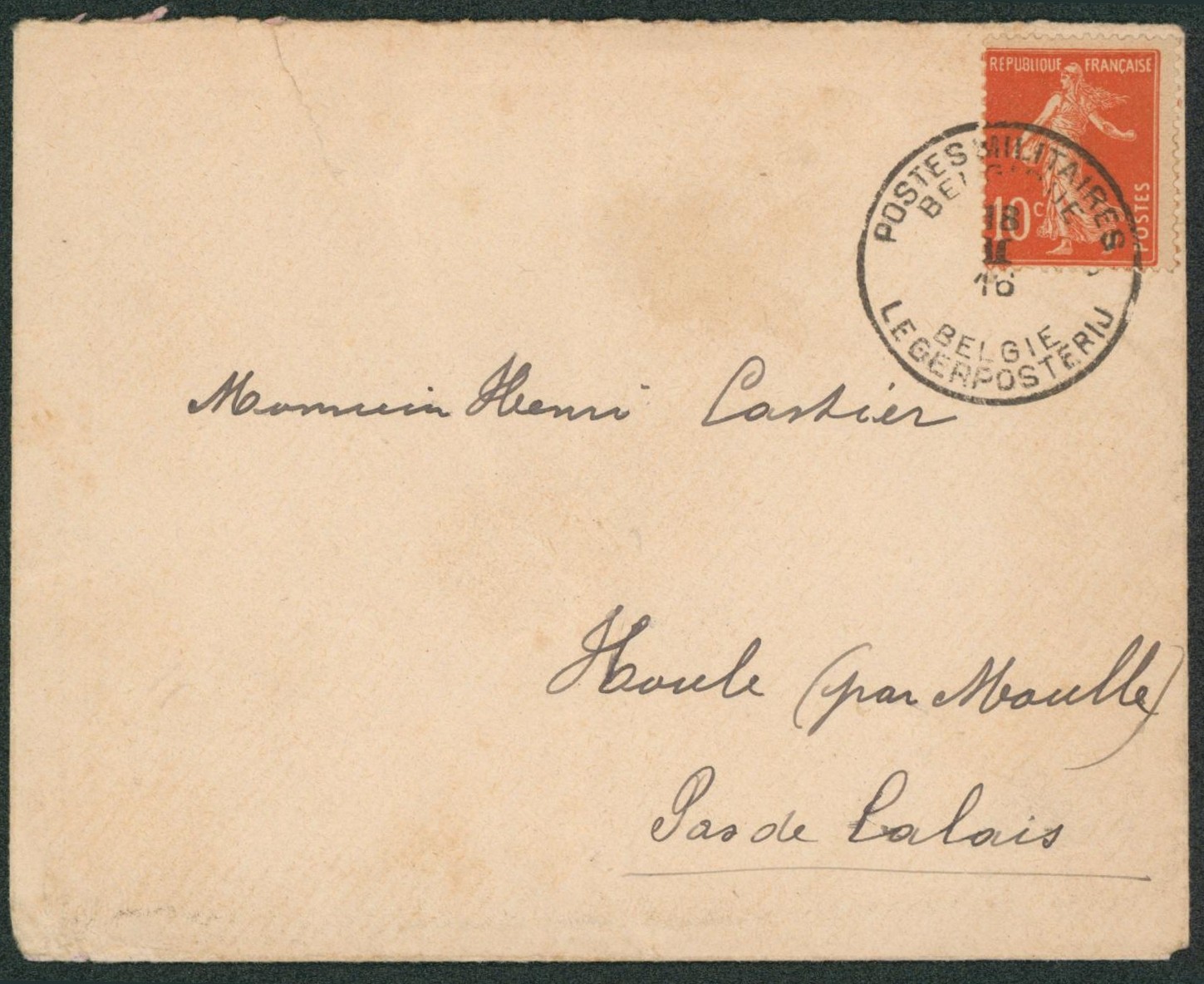 Semeuse 10C sur lettre obl P.M.B. (1916) > Houle (Pas de calais)