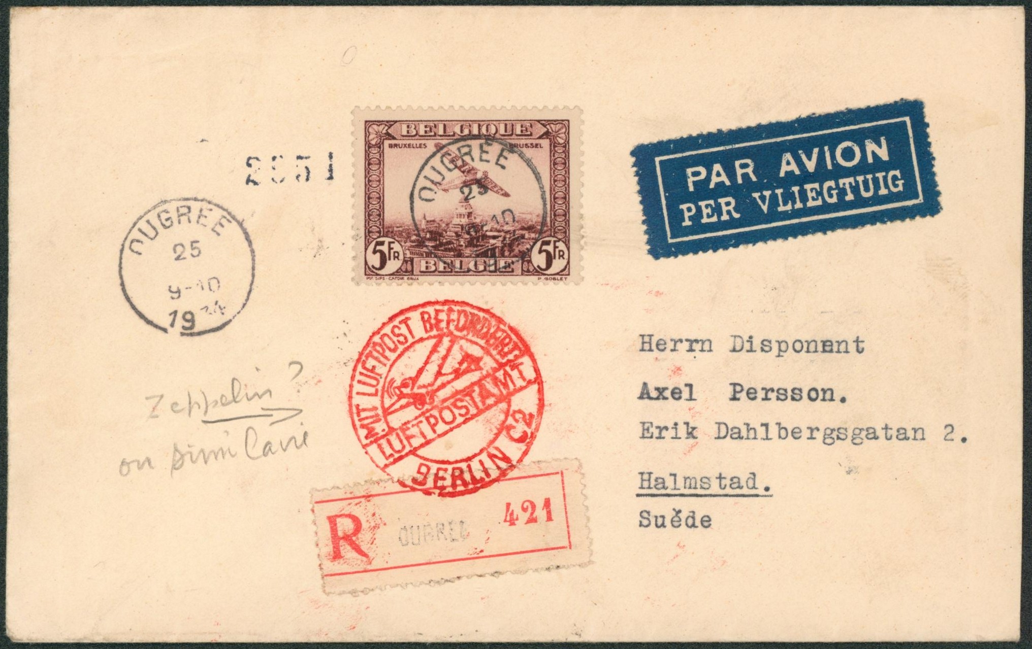 PA4 sur lettre en recommandé par avion de Ougrée > Halmstad (Suède)+ Vignette sanatorium au verso