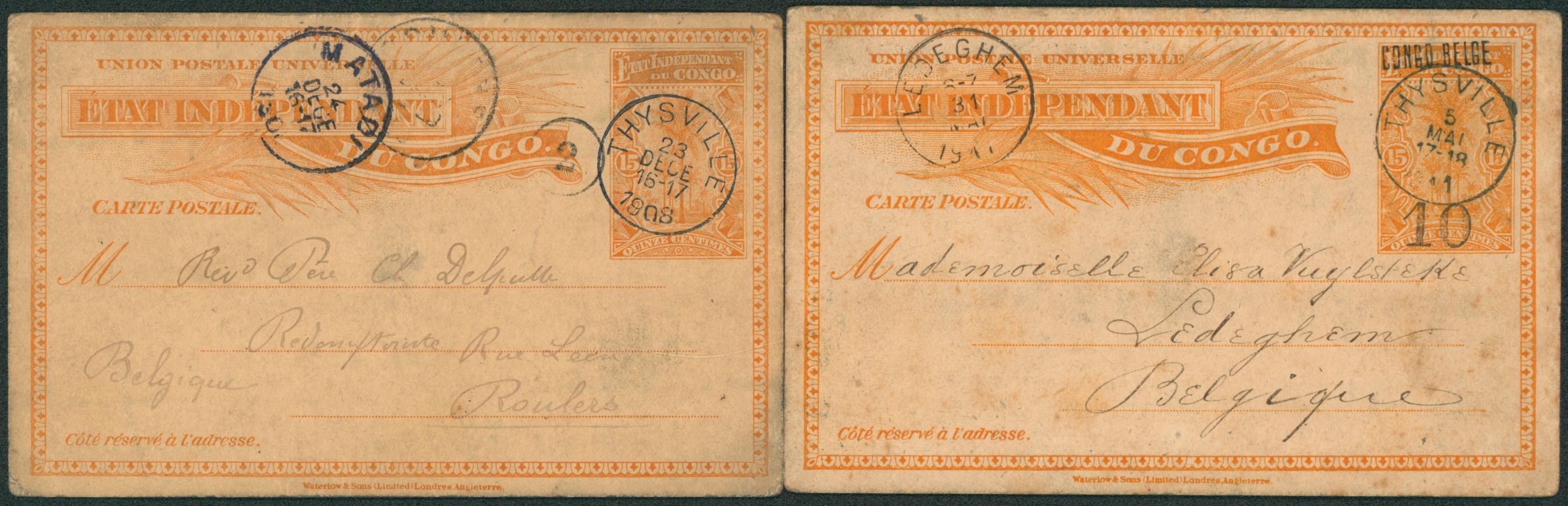 Congo Belge - ensemble de deux entiers type 15ctm orange Palmier (un surchargé x2) de Thysville > Roulers & Ledeghem.