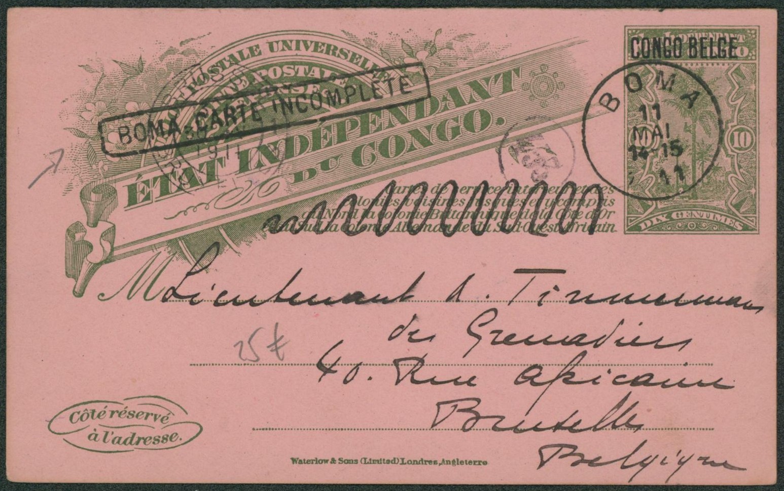 Congo Belge - EP au type 10ctm vert Palmier surchargé CONGO BELGE + griffe "Boma : carte incomplète" > Bruxelles