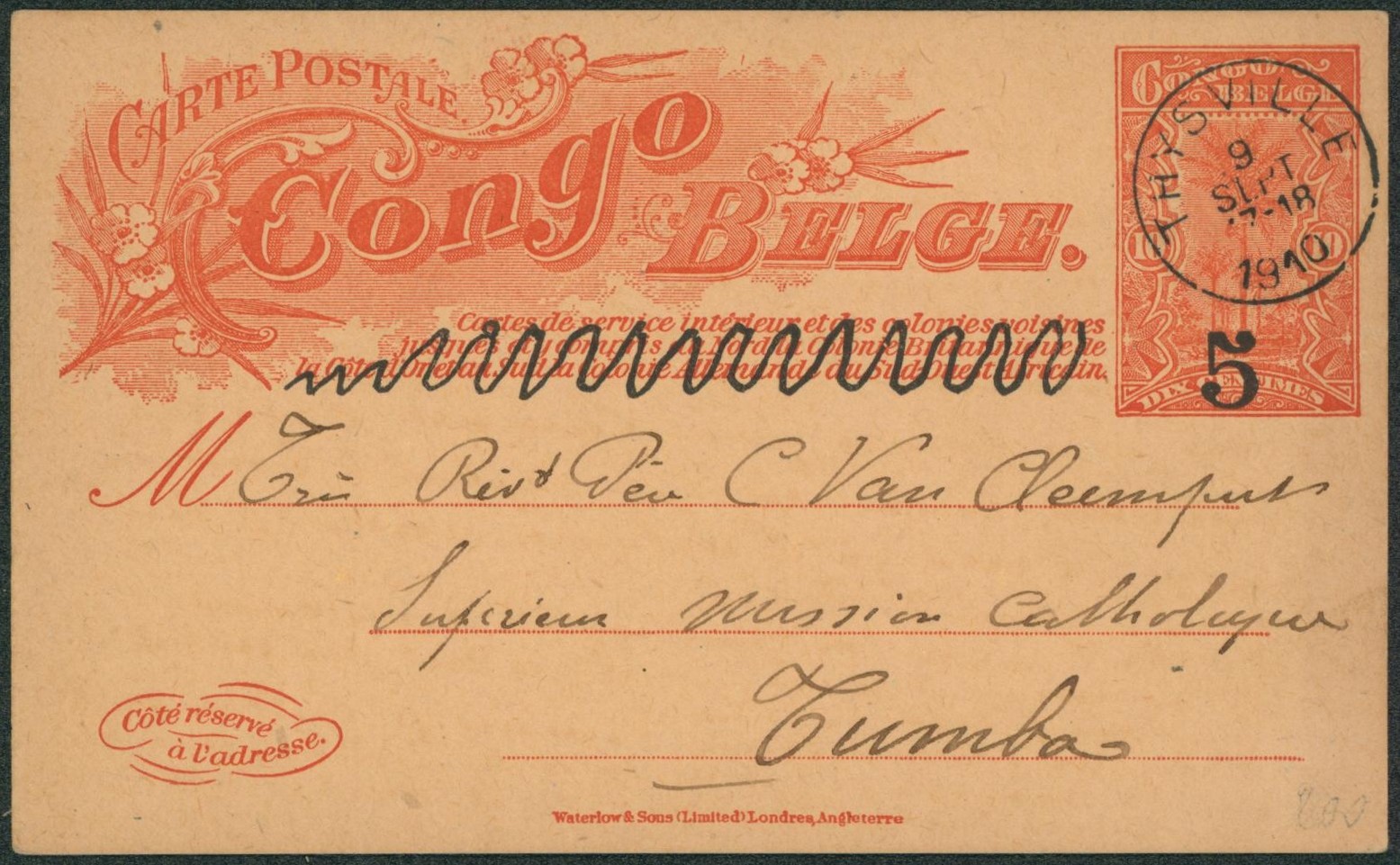 Congo Belge - EP au type 10ctm rouge Palmier surchargé "5" de Thysville > Tumba / intérieur.