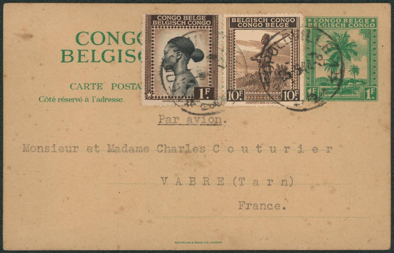 Congo Belge  -EP au type 1F vert + affranch. Complémentaire de Coquilathville  > Vabre (Tarn, France).