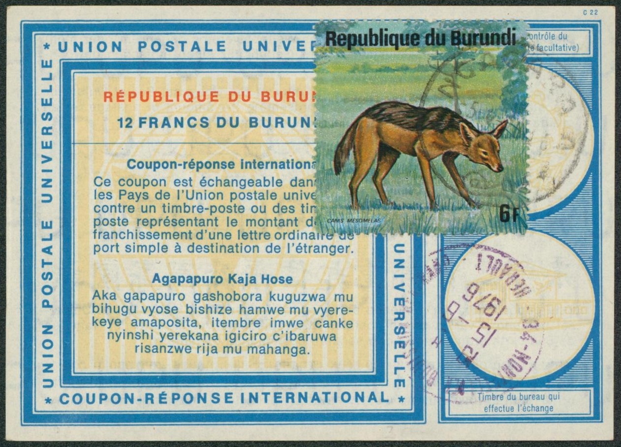 Union postale Universelle - Coupon-réponse + TP Burundi 6F > Hérault (France).