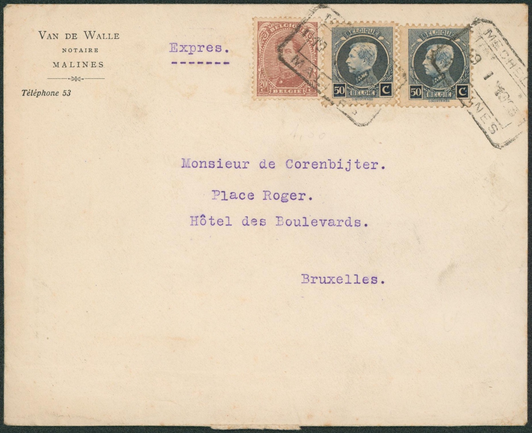 n°139 et 211 x2 sur lettre en expres obl télégraphe-téléphoe "Mechelen / Malines" > Bruxelles