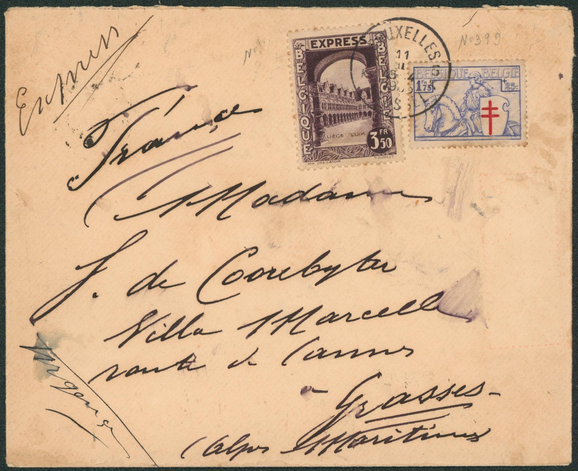 n°399 et 292F sur lettre en expres de Bruxelles > Grasses (France). Vignette au verso (sanatorium)