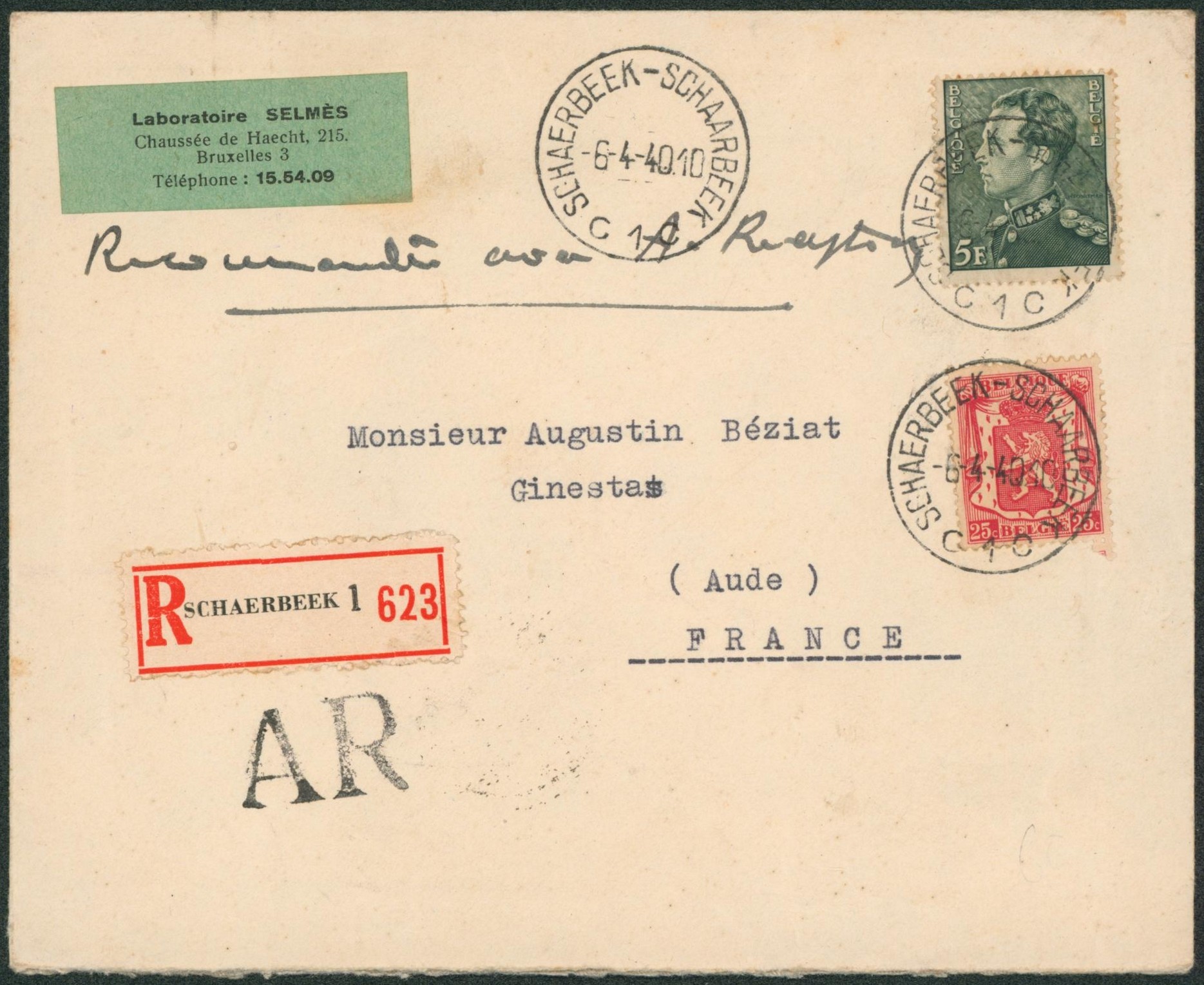 n°423 et 433 sur lettre en recommandé de Schaerbeek-Schaarbeek (Laboratoire) + griffe AR > Aude (France).
