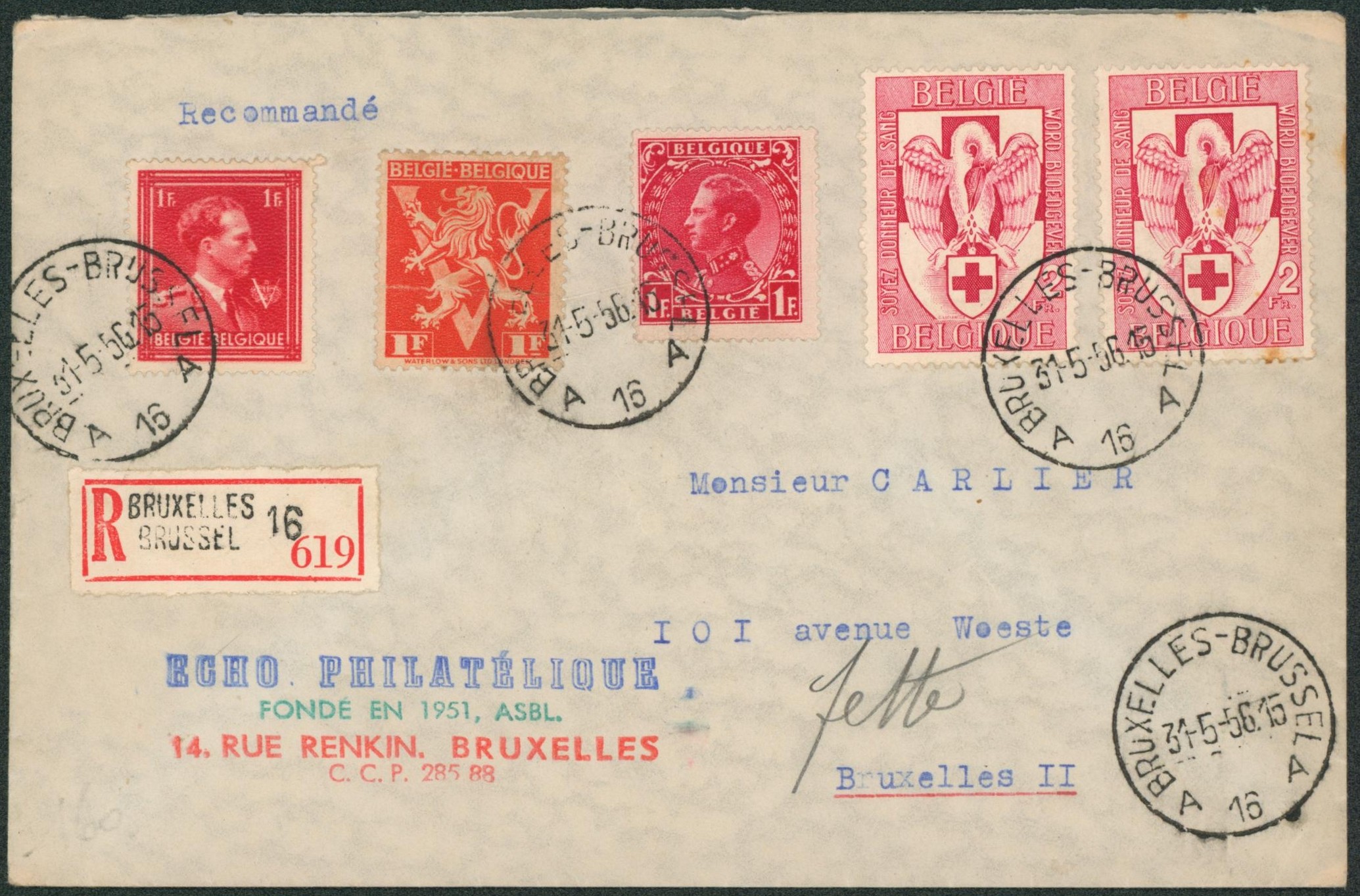 Affranchissement mixt sur lettre en recommandé de Bruxelles (écho philatélique) > Bruxelles. Vignette Expo Bruxelles 1958