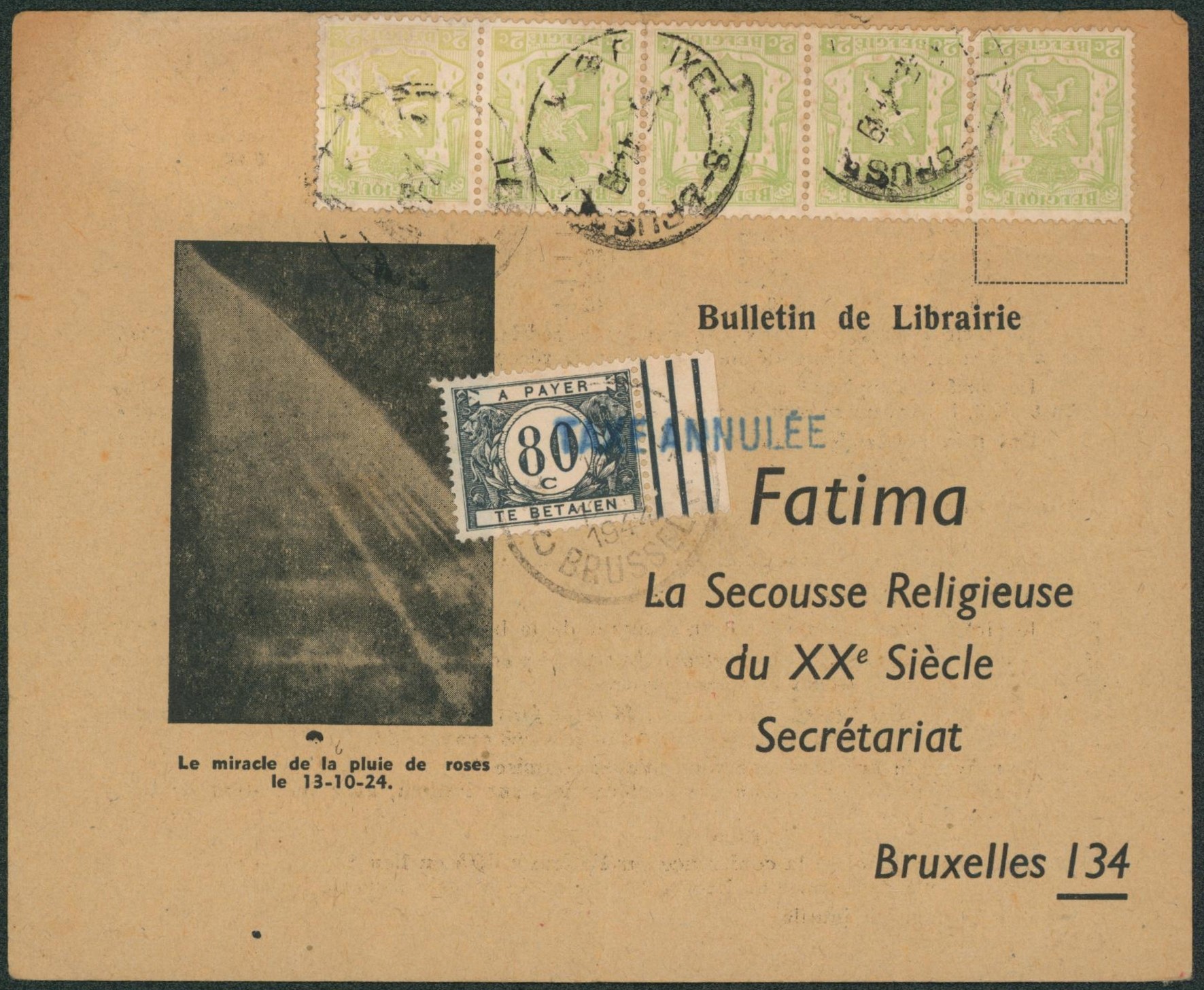 Petit sceau - n°418A en bande de 5 sur lettre imprimée (Librairie) + Coupon au verso expédié de Bruxelles > Bruxelles, taxé à 80ctm + griffe bleue TAXE ANNULEE