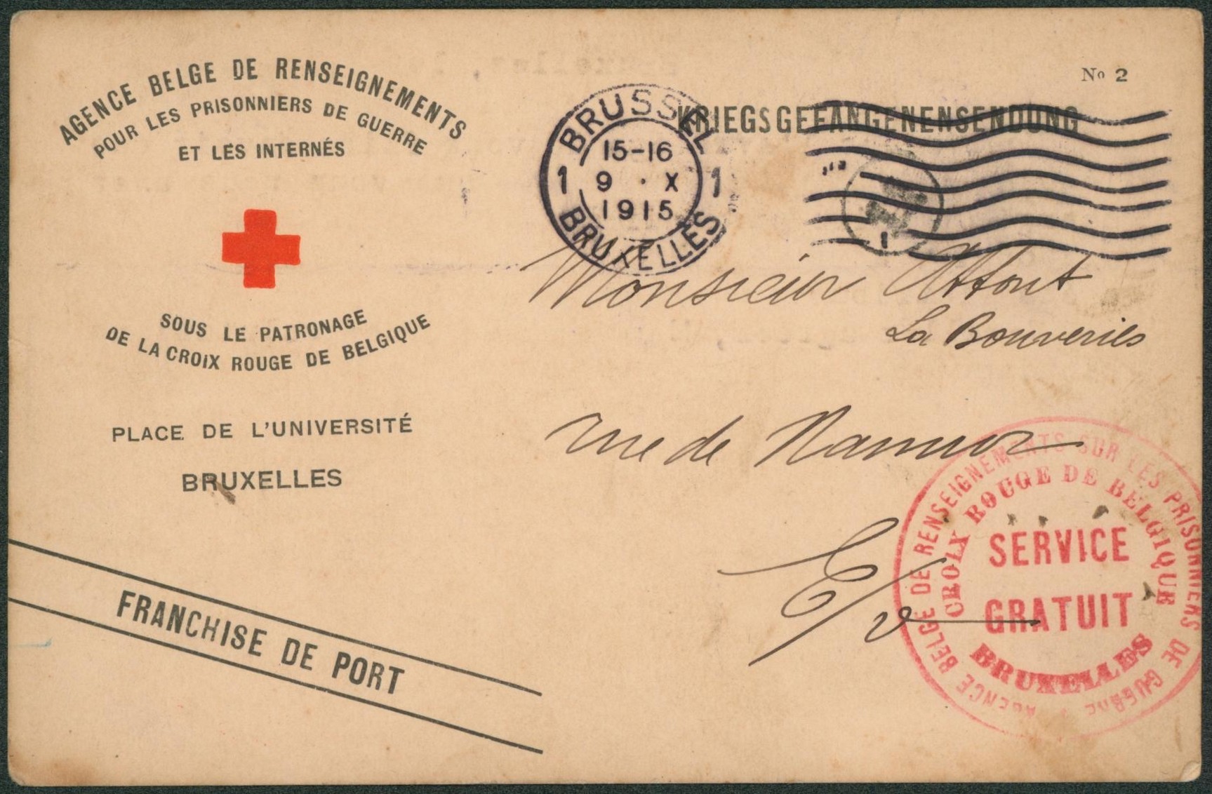 Agence belge de renseignement - Kriegsgefangenensendung expédié de Bruxelles + grand cachet SERVICE GRATUIT > La ville.