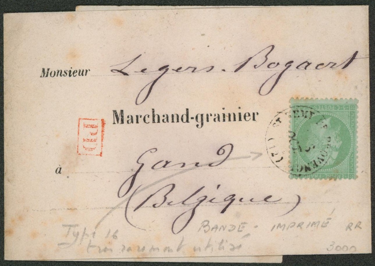 France - Yv n°20 sur bande imprimée expédié de Saint-Rémy-de-Provence > Marchand grainier à Gand (Belgique). TB état