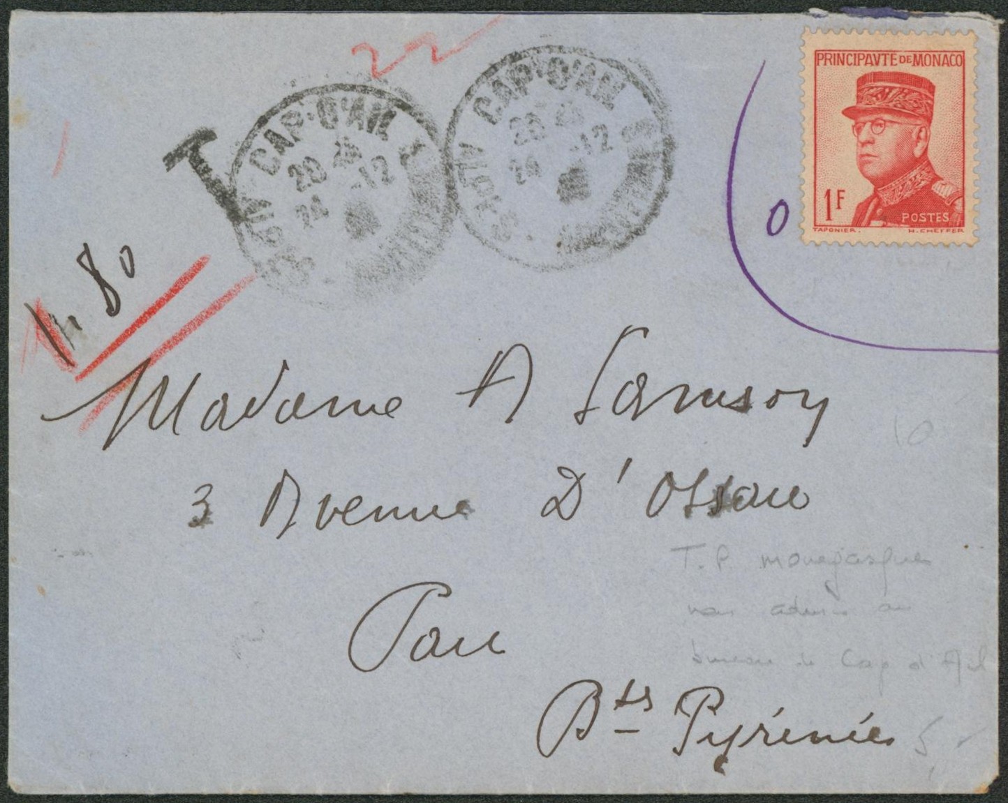Monaco - Yv n°163 sur lettre (affranchissement inadmis, nul) posté au Cap-d'ail (France) > Pau çàd taxé au verso à 1F80.