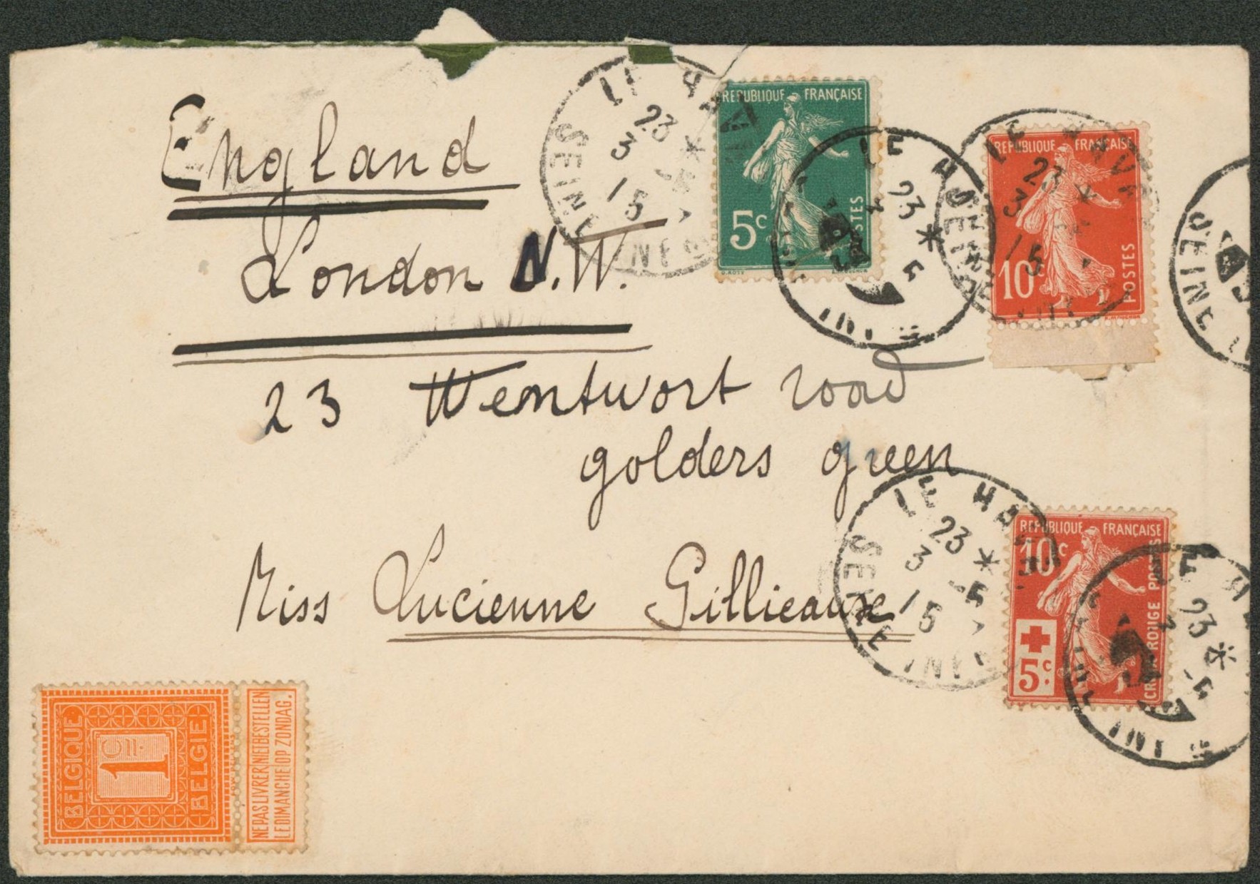France - Affranch. Mixte Semeuse sur lettre expédiée de "Le Havre" (1915) > London (Angleterre).