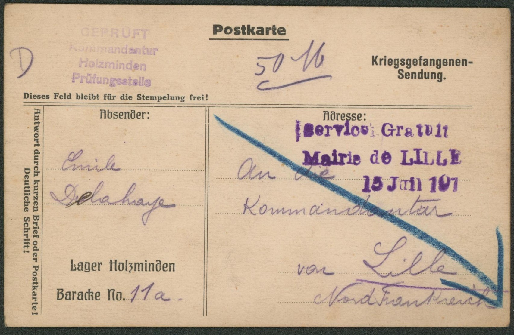 WWI - Postkarte expédiée du camp de Holzminden + griffe SERVICE GRATUIT / MAIRIE DE LILLE > Lille, kommandantur. Texte