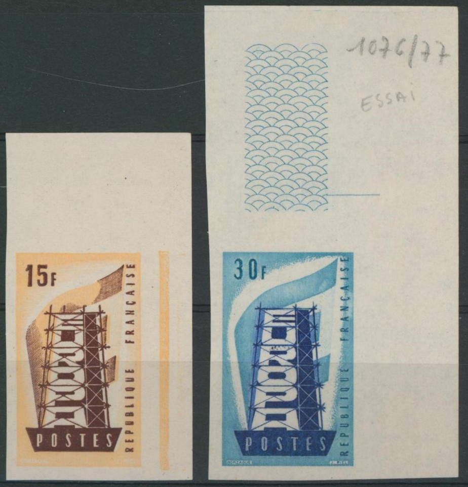 France - n°1076/77 non dentelé, essai de couleur ! RR, Europa 1956