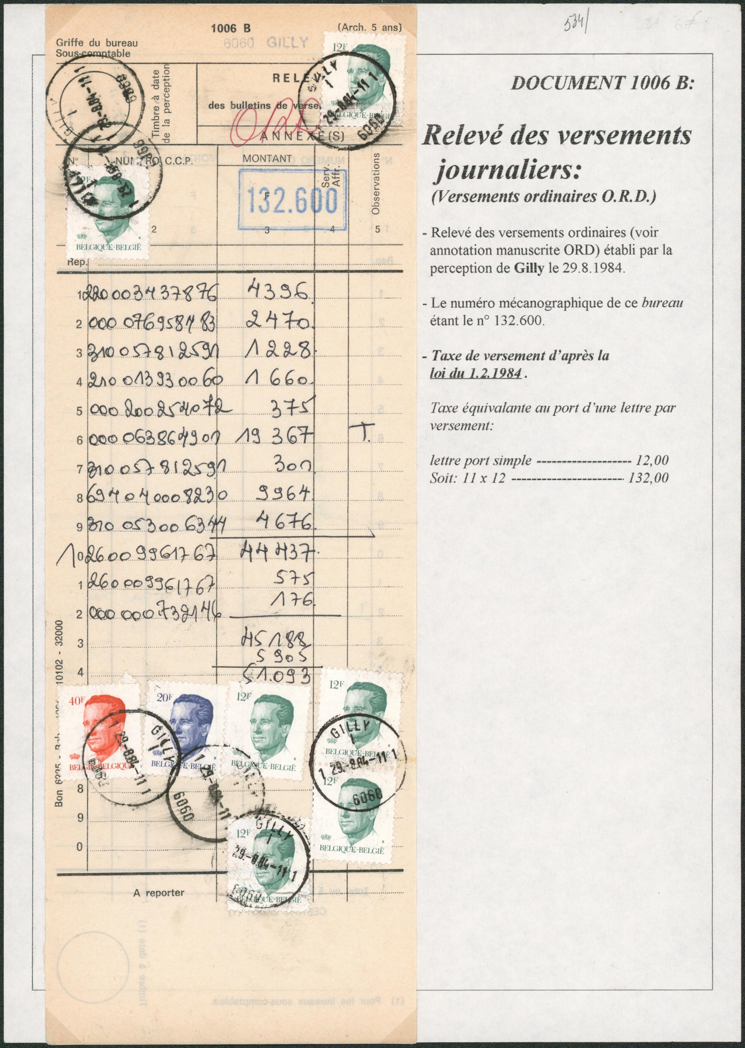Page de collection - Relevé de versements journaliers (+ descriptif) Lettre port simple 12Fr x11 = 132Frs (Gilly)