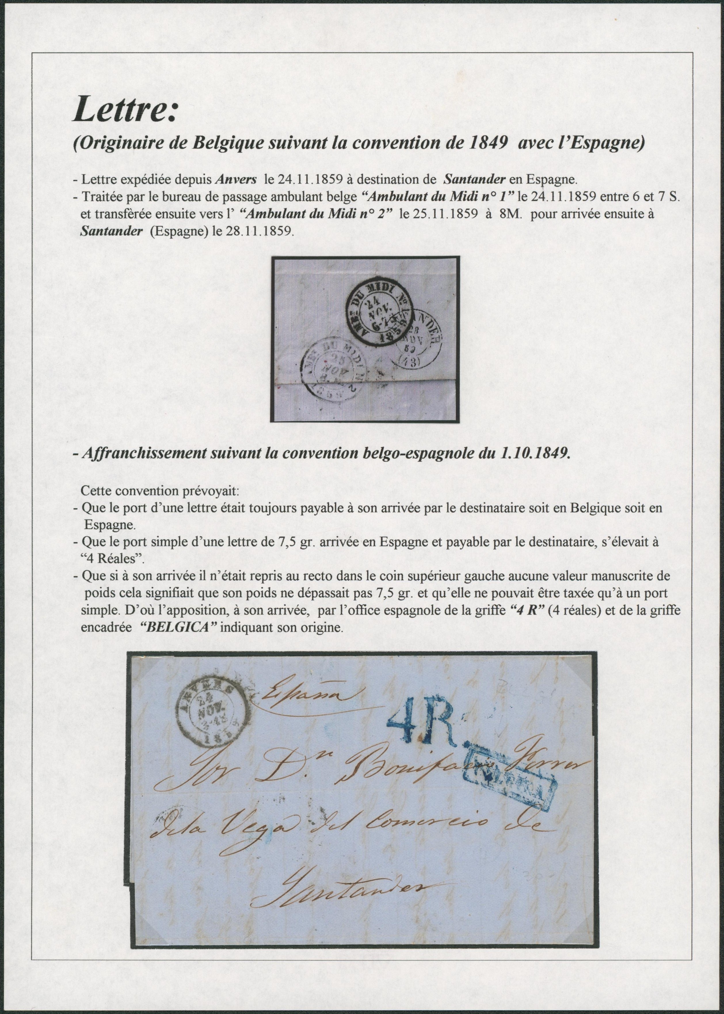 Page de collection - LAC non affranchie + cachet dateur "Anvers" (1859) encadré bleu BELGICA et griffe 4R (4 réal) via ambulant "Ambt. Du midi n°1 et 2" > Santander (Espagne).