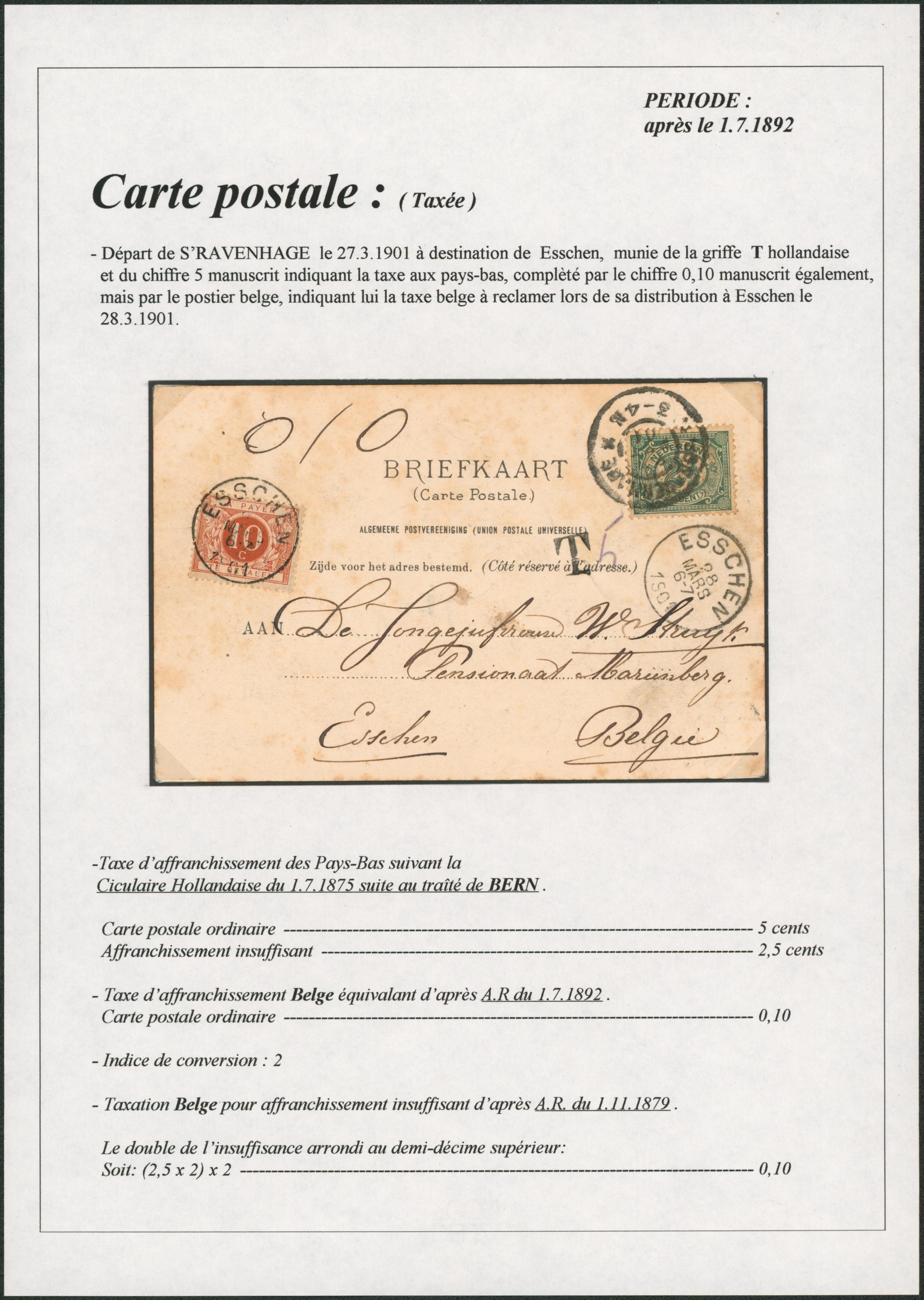 Page de collection - CP en provenance de Hollande (S'ravenhage) > Esschen, taxé à 10ctm.