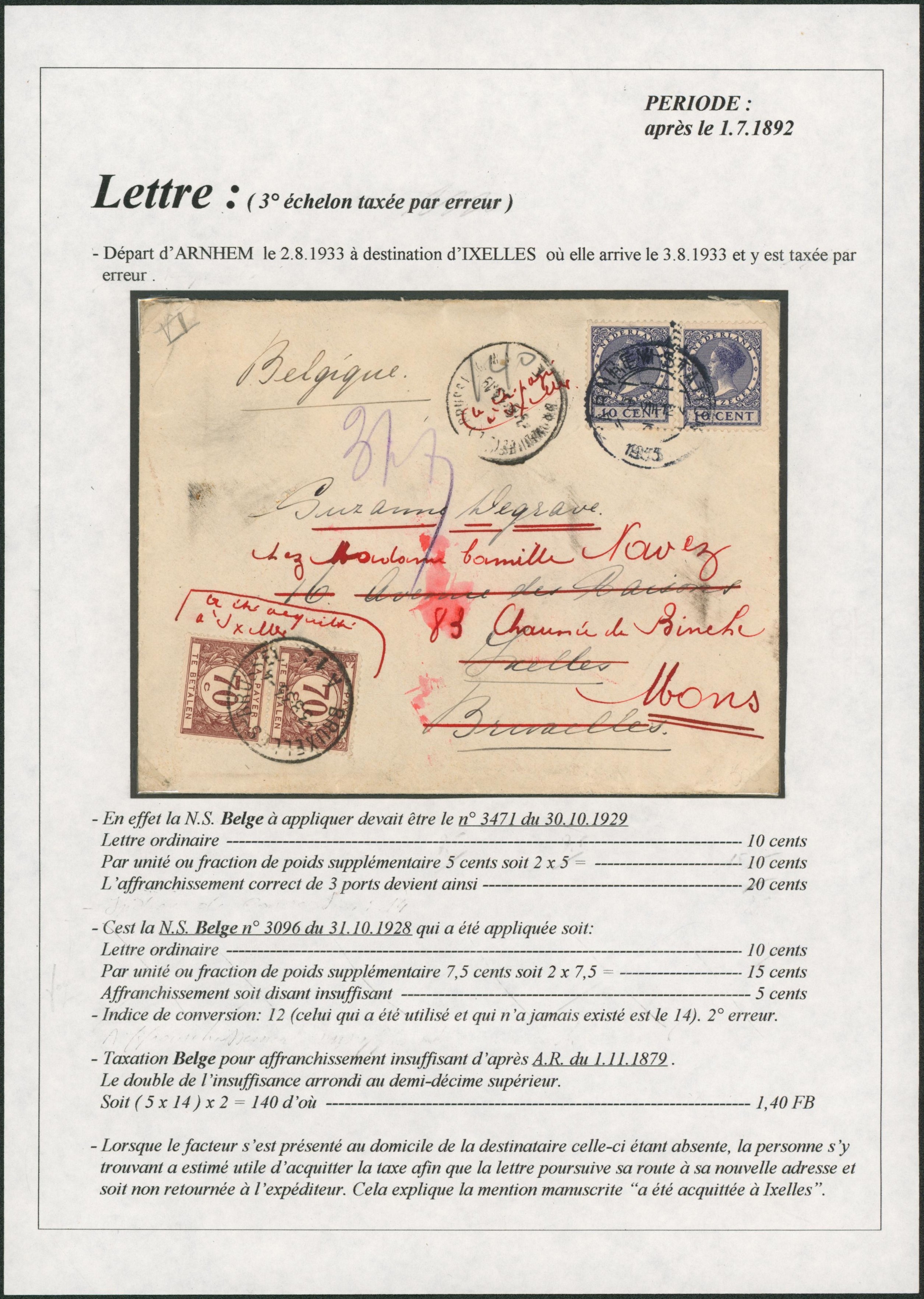 Page de collection - Lettre affranchie à 20cents de Arnhem > Ixelles, taxé à 1F40 redirigé vers Mons.
