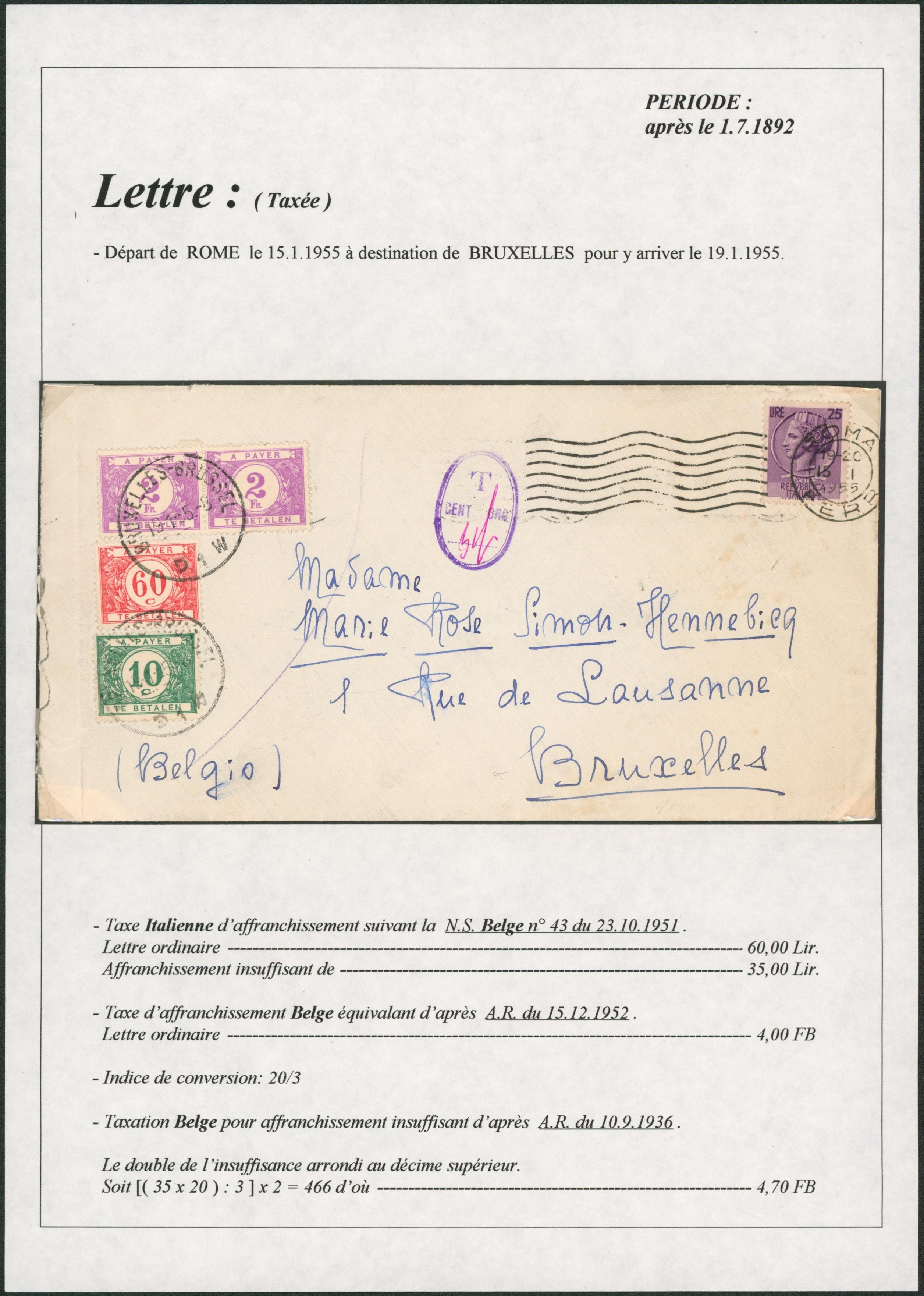 Page de collection - Lettre affranchie à 25 Lire de Roma, taxe italienne (cachet ovale) > Bruxelles, taxé à 4F70 !