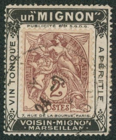 France - Type sage 2C sur porte-timbre "Mignon, vin tonique, apéritif" (Alcool) / oblitéré.