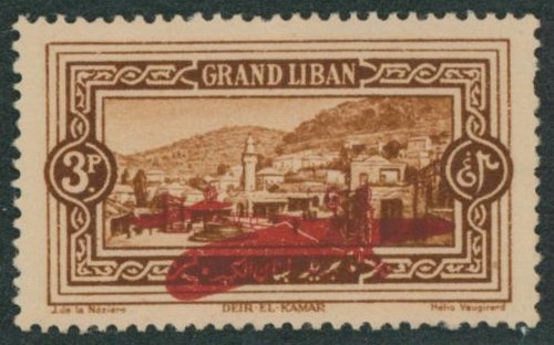 Grand Liban - Poste aérienne Yv n°14a** (MNH) une dent courte, surcharge renversée.