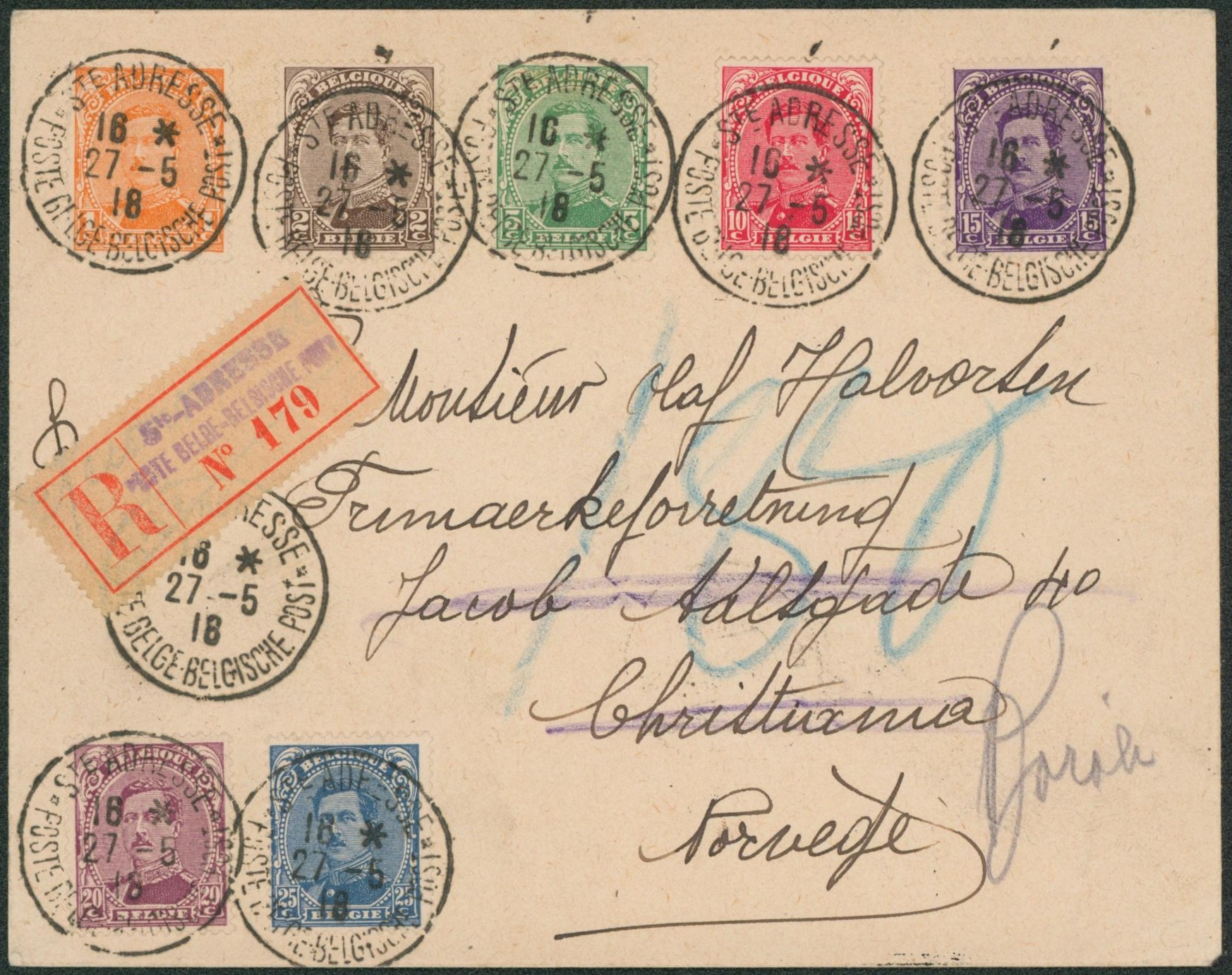 Albert I - Affranch. Coloré çàd n°135/41 sur lettre en recommandé de Ste-Adresse (27/5/18) > Christiana (Norvège) via London et Boroen.