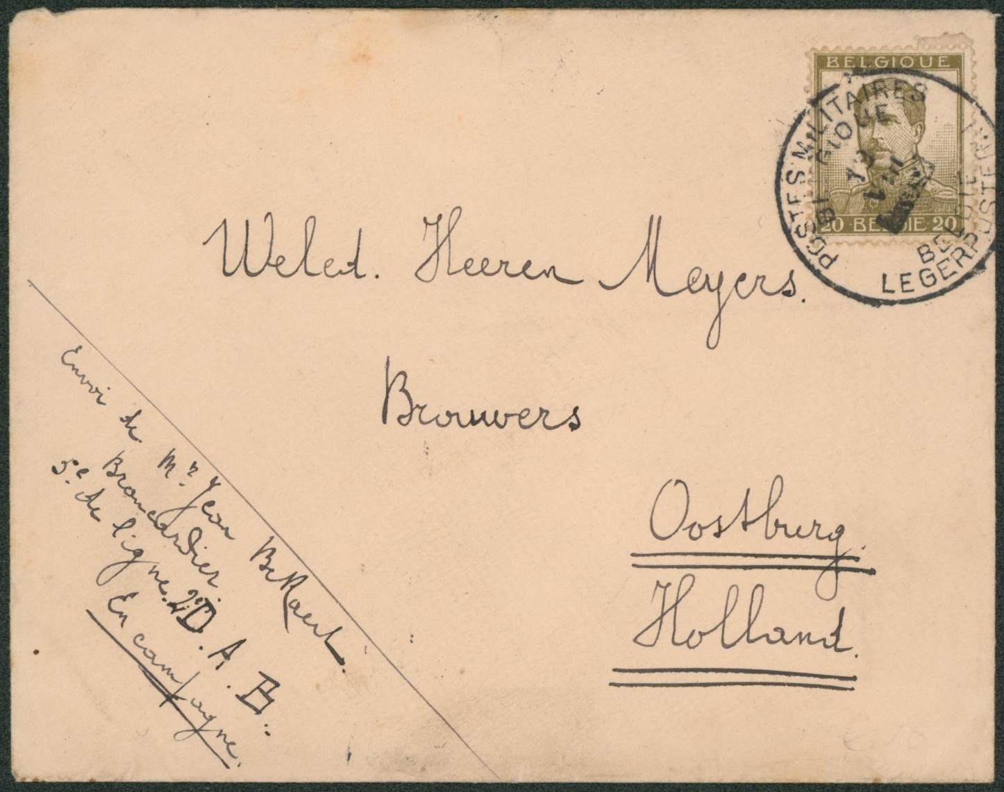 Pellens - 20ctm sur lettre obl P.M.B. (Année barrée, Brancardier) > oostburg (Hollande).