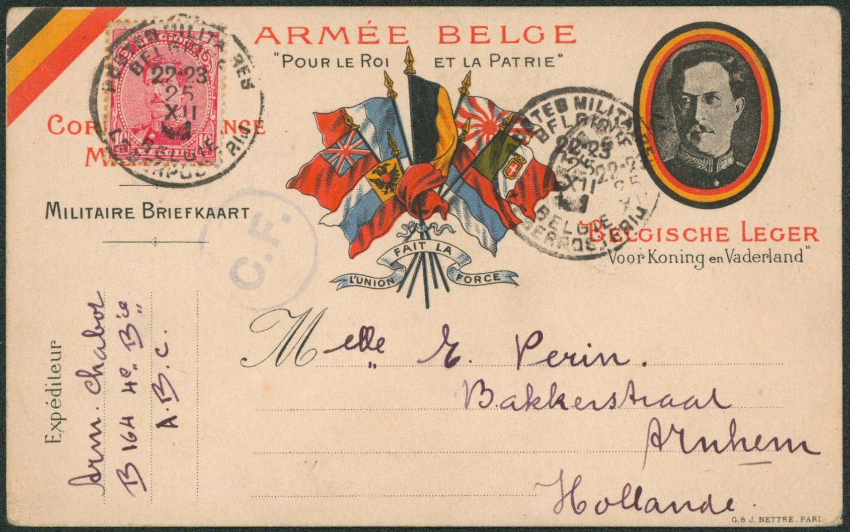 Correspondance militaire (Albert I) + n°138 obl P.M.B. (1916, daté du front belge) > Arnhem
