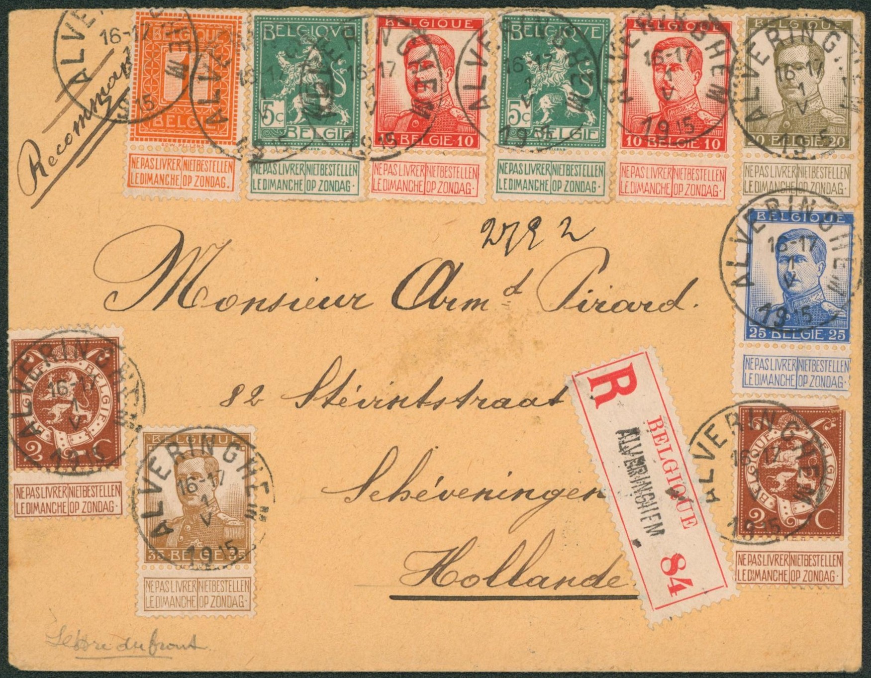 Bel affranchissement coloré (Pellens) sur lettre en recommandé de Alveringhem > Schéveningen (Hollande) / Caporal au bat. Du génie