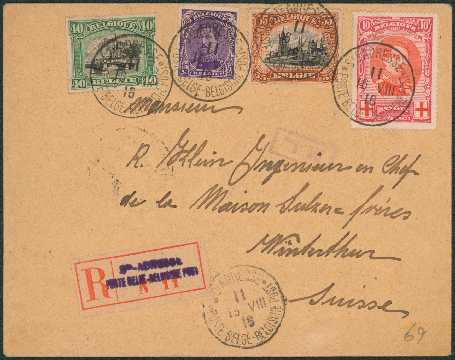 n°139, 142, 143 et 133 sur lettre en recommandé de Ste-Adresse (1916) > Winterthur (Suisse).