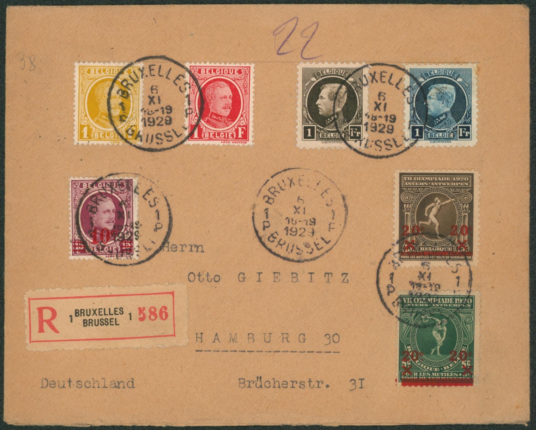 Bel affranchissement mixte (Houyoux / Montenez / J.O. Anvers) sur lettre en recommandé de Bruxelles > Hamburg (Allemagne)