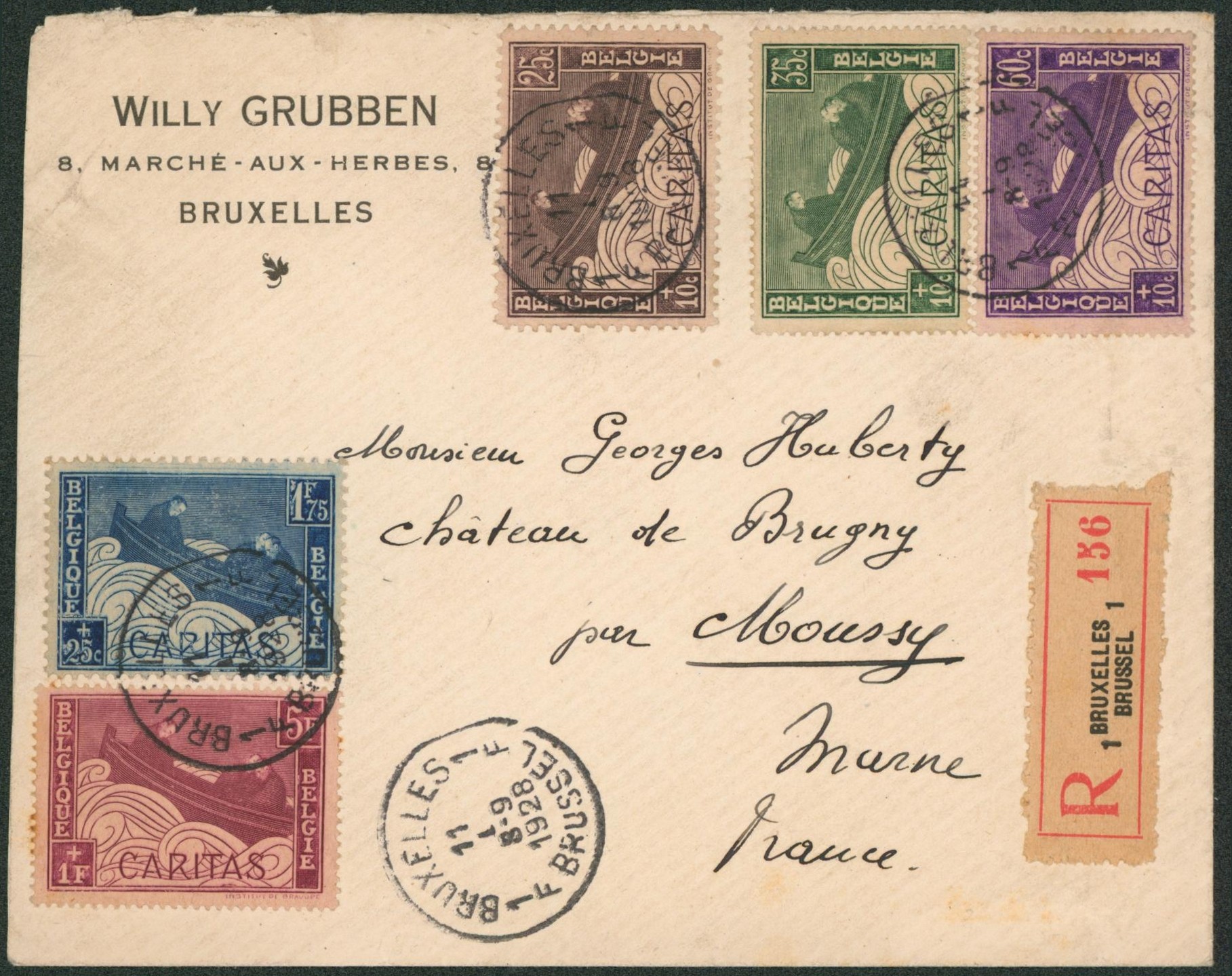 Caritas (barquette) - série complète n°249/53 sur lettre en recommandé de Bruxelles > Moussy (France)