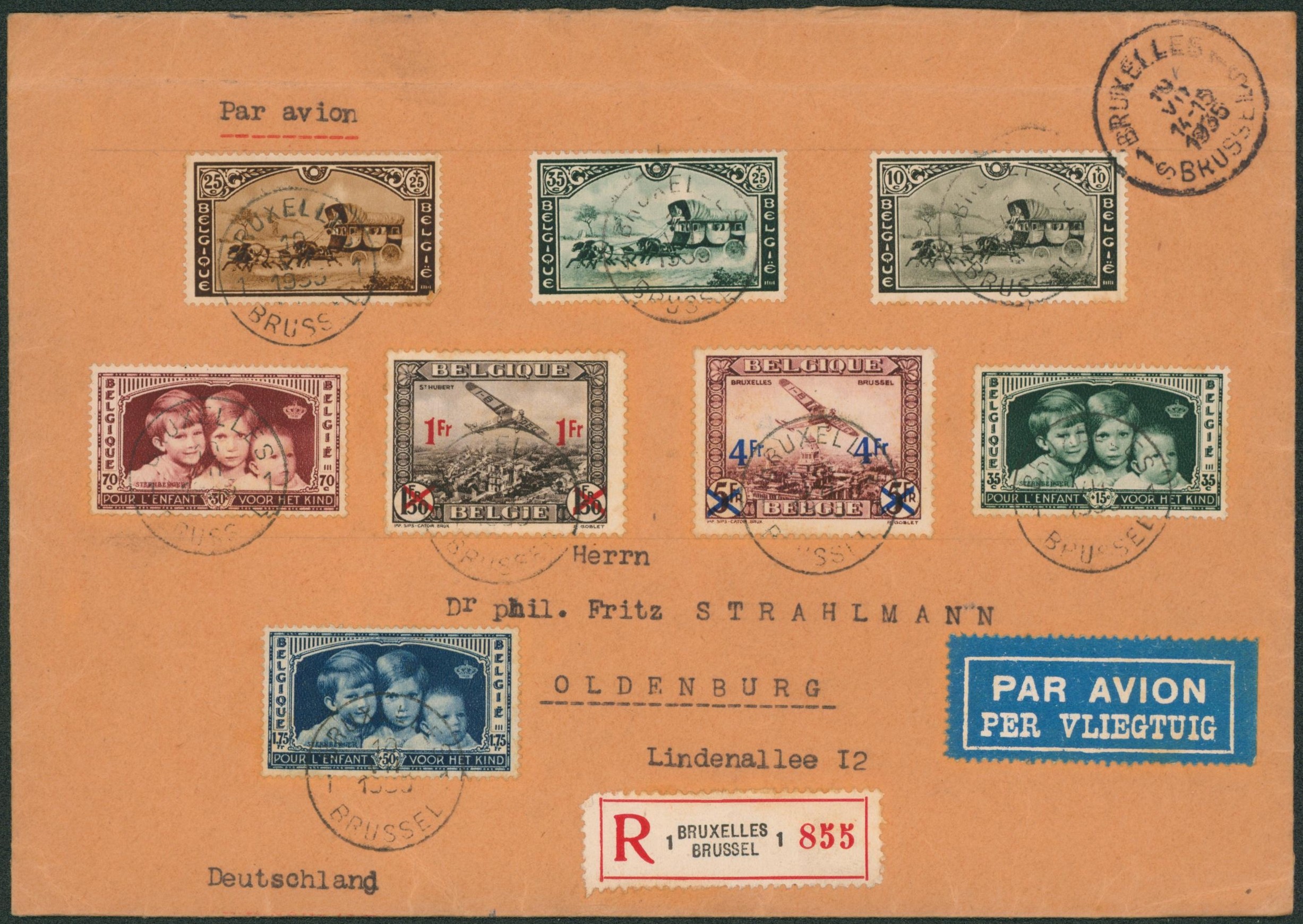 Bel affranchissement mixte sur grande enveloppe par avion en recommandé de Bruxelles (1935) > Oldenburg (Allemagne).