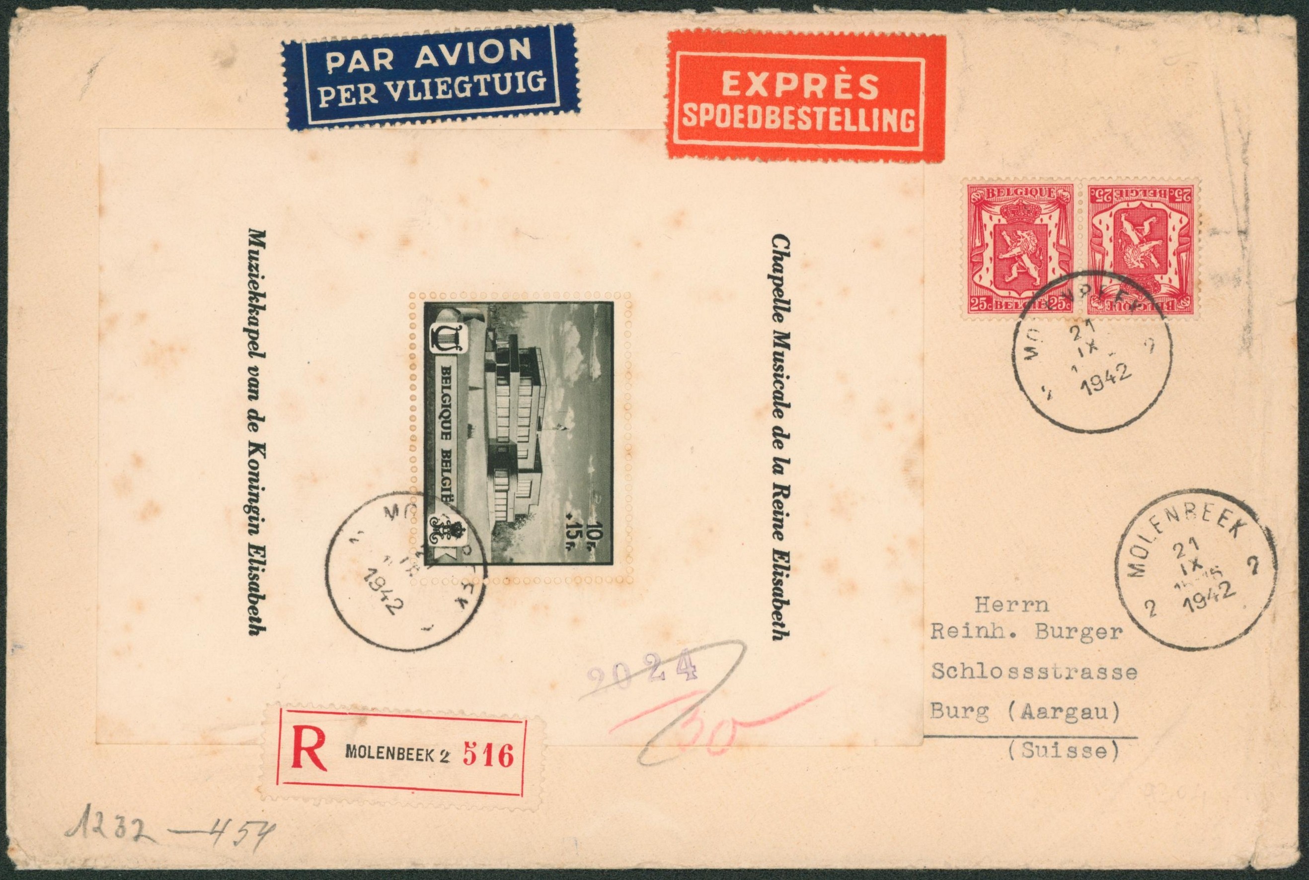 BL13 sur grande enveloppe en recommandé, expres et par avion de Molenbeek 2 > Burg (Aargau, suisse) + bandelette de censure.