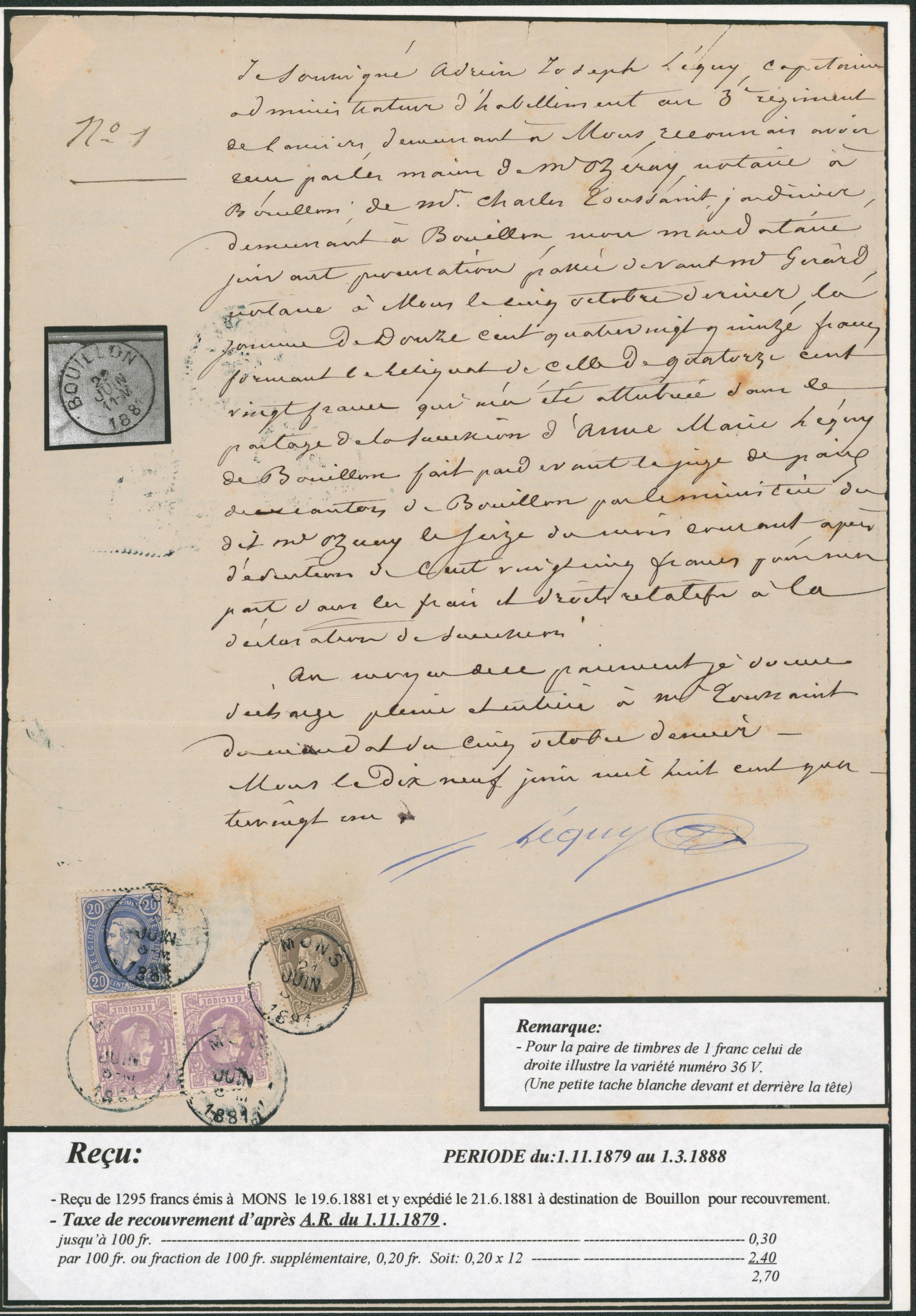 n°31, 35 et 36 en paire (variété !) sur reçu de 1295 francs émis à Mons > Bouillon. TB et rare !